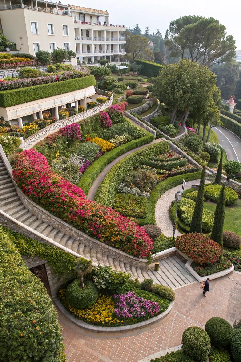 Layered landscaping adds depth and dimension.