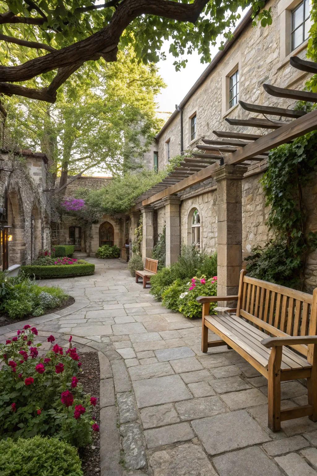 Natural materials like stone and wood enhance the courtyard's aesthetic.