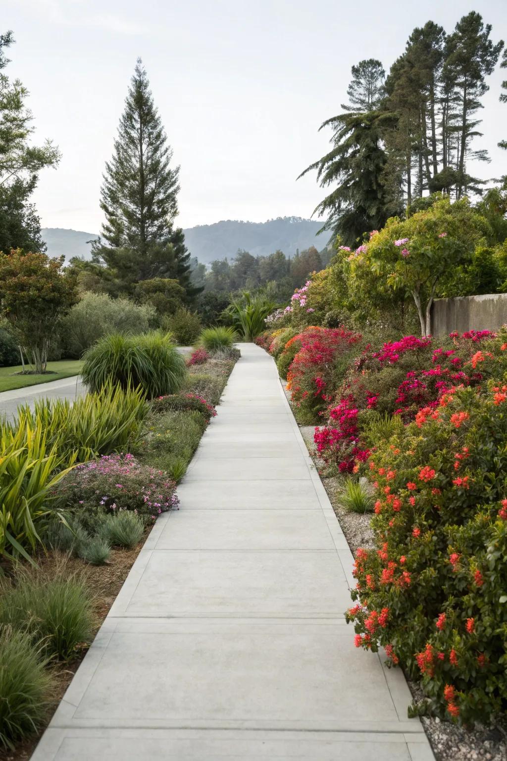 A sleek concrete pathway brings modern elegance to a lush garden.
