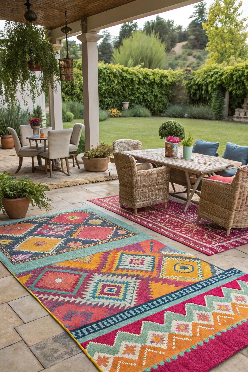 Outdoor rugs add color and define spaces on the patio.