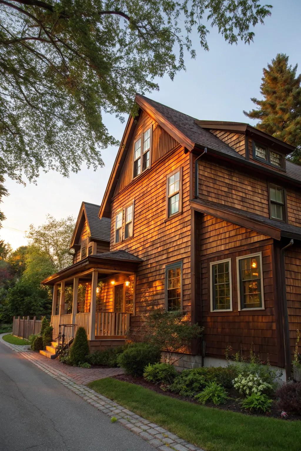 A home displaying the elegance of richly stained wood siding.