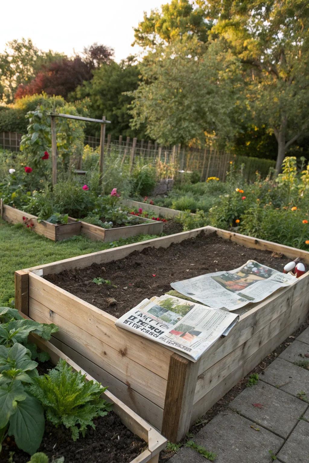 Newspaper layers as a sustainable weed barrier.