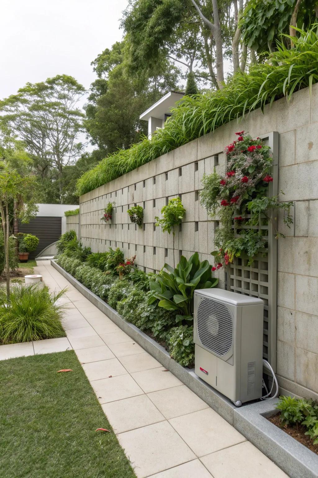 Cement blocks provide a robust and customizable solution for AC unit concealment.