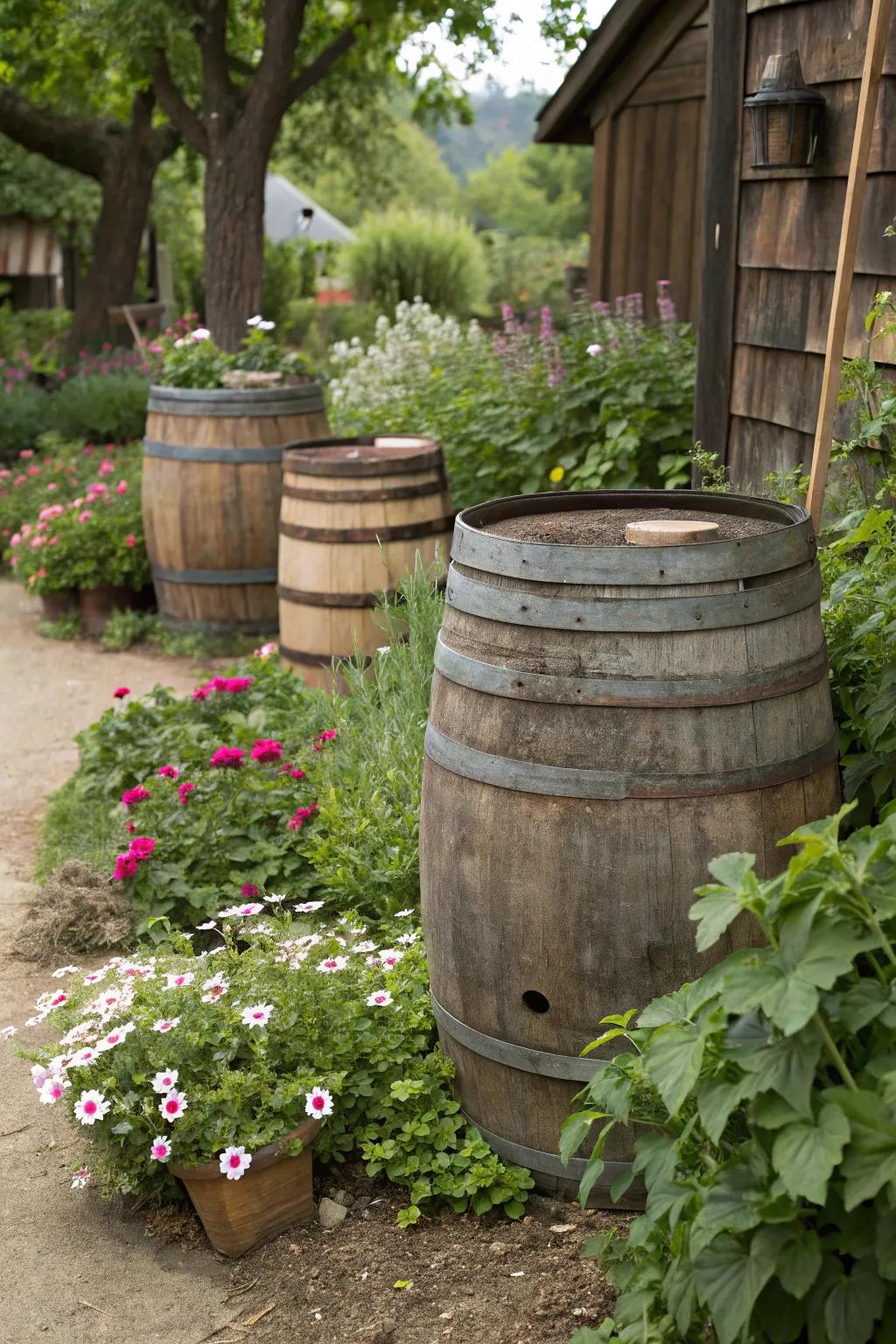 Vintage wooden barrels add rustic charm while hiding trash cans.