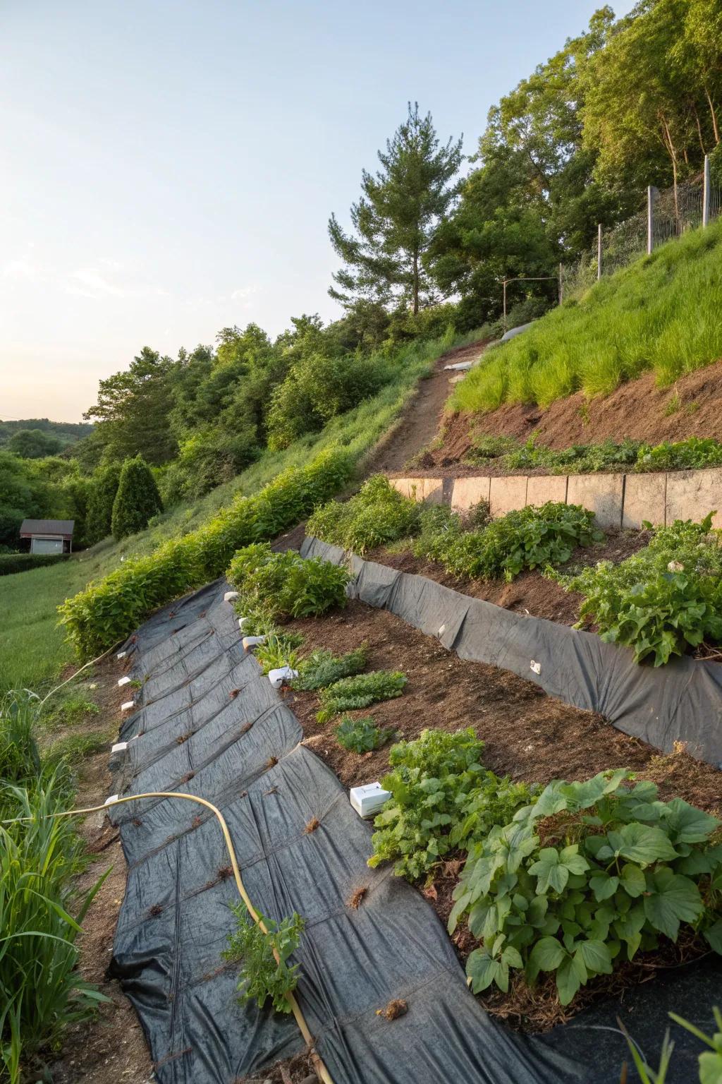 A sloped garden area where geotextiles provide soil reinforcement.