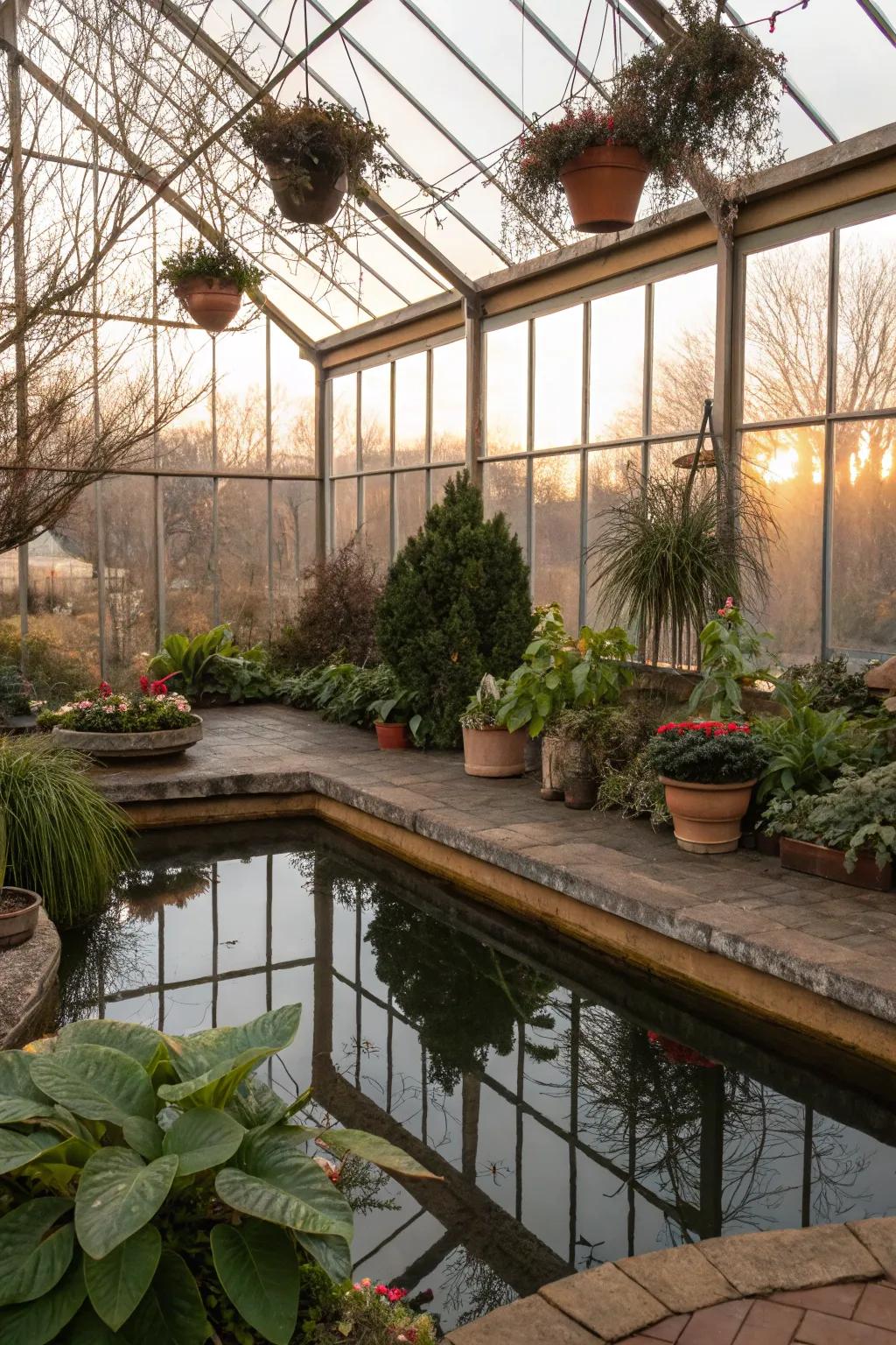 A mini pond adds humidity and a tranquil atmosphere to a greenhouse.
