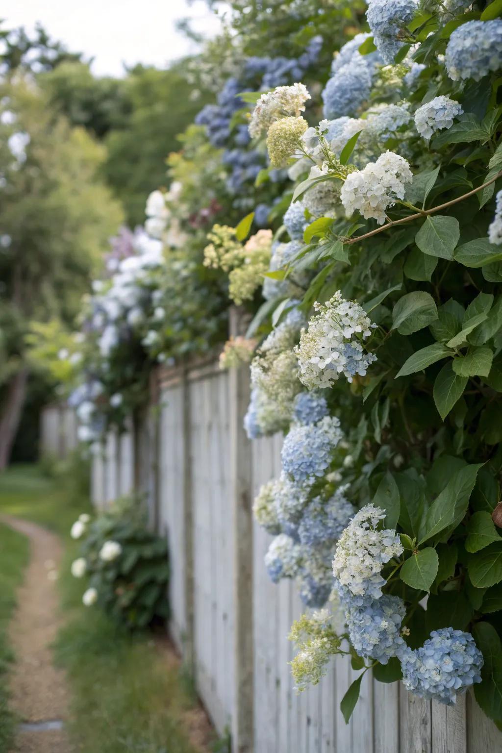 Climbing hydrangeas create a stunning vertical garden feature.
