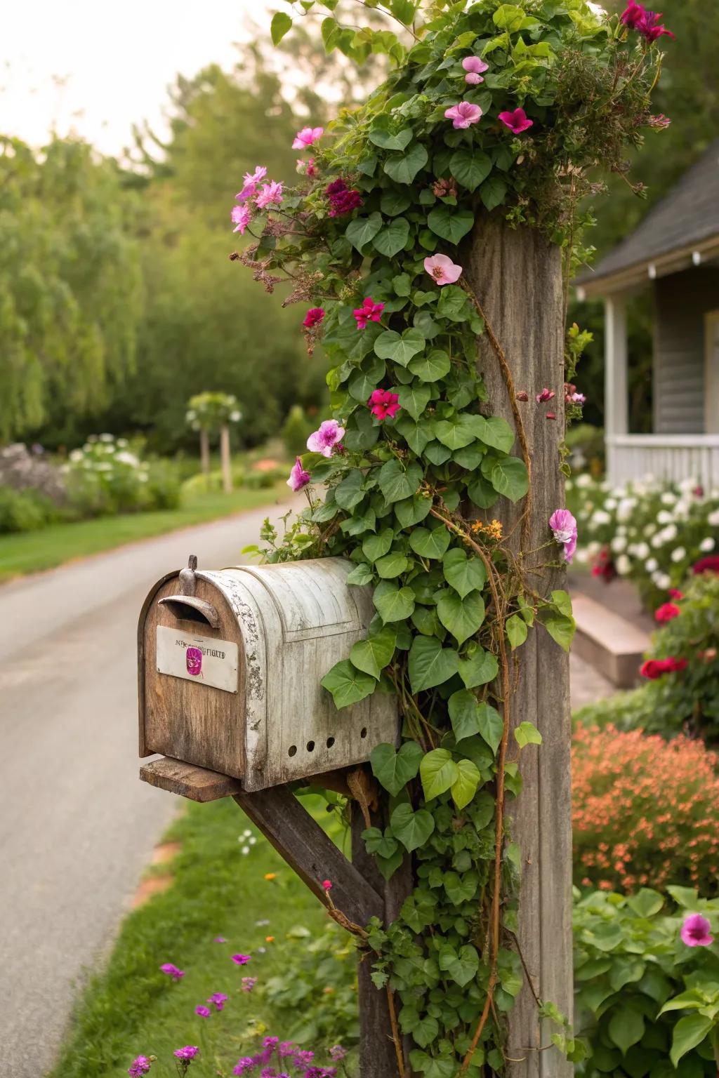 Climbing vines create a vertical focal point around your mailbox.