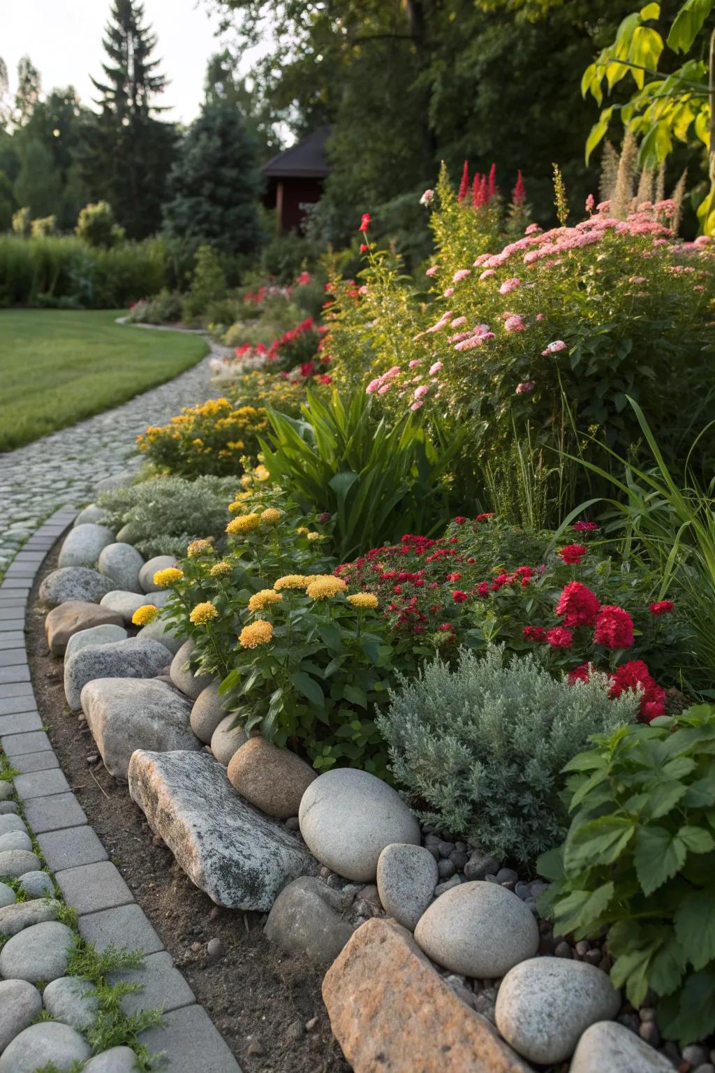Contrasting stone colors create striking garden borders.