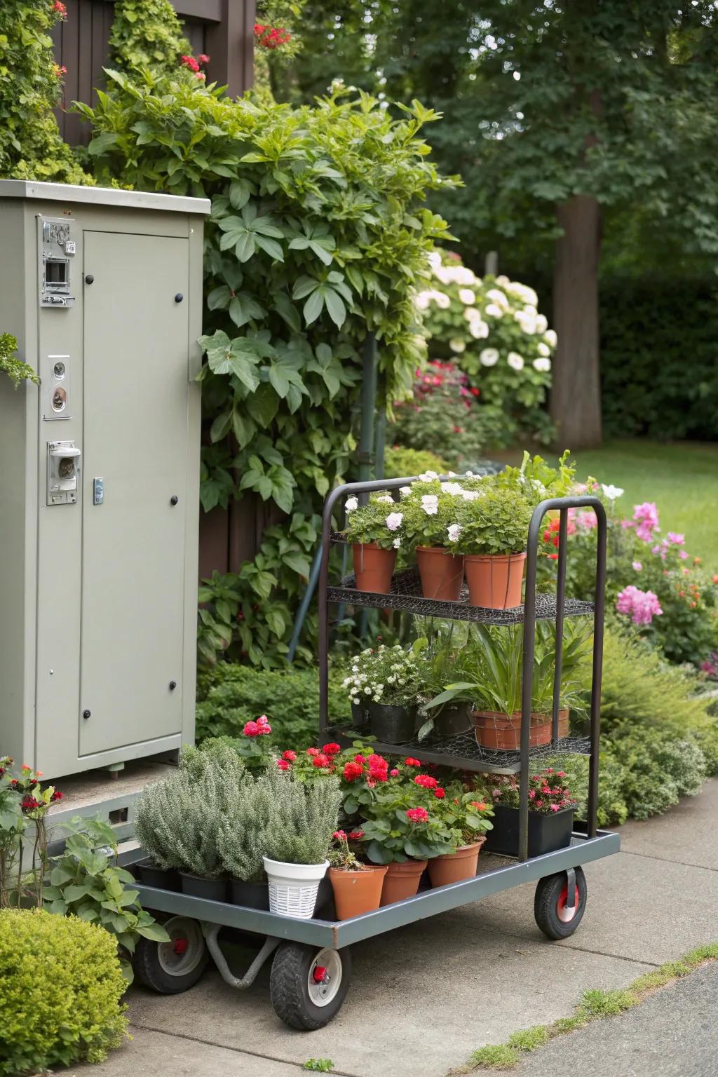 A rolling garden cart adds functionality and concealment.