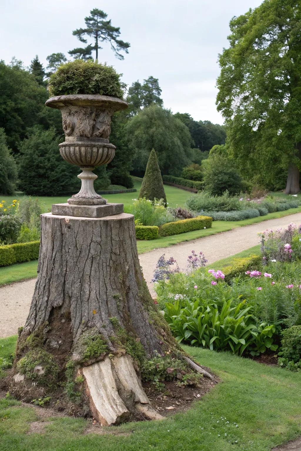 A tree stump elegantly supports a garden sculpture.