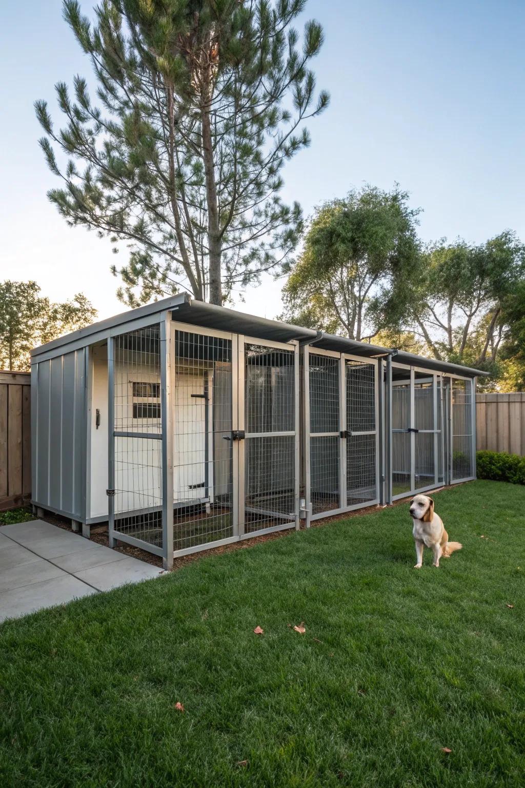 A convertible kennel adapting to seasonal changes.