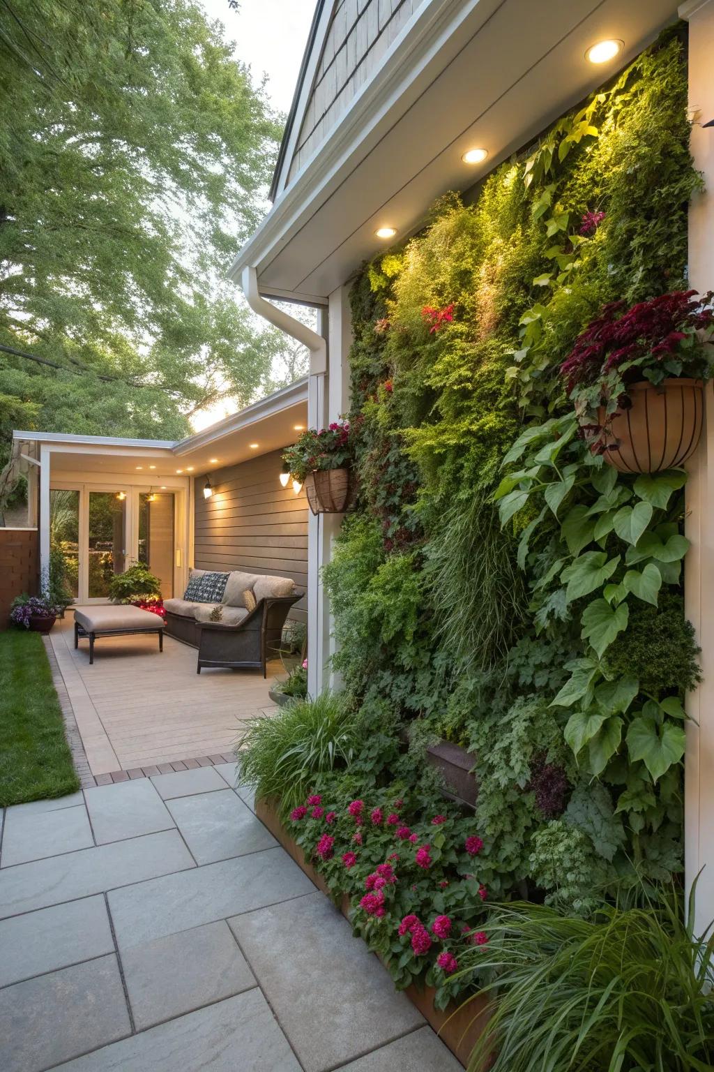Patio featuring a lush vertical garden