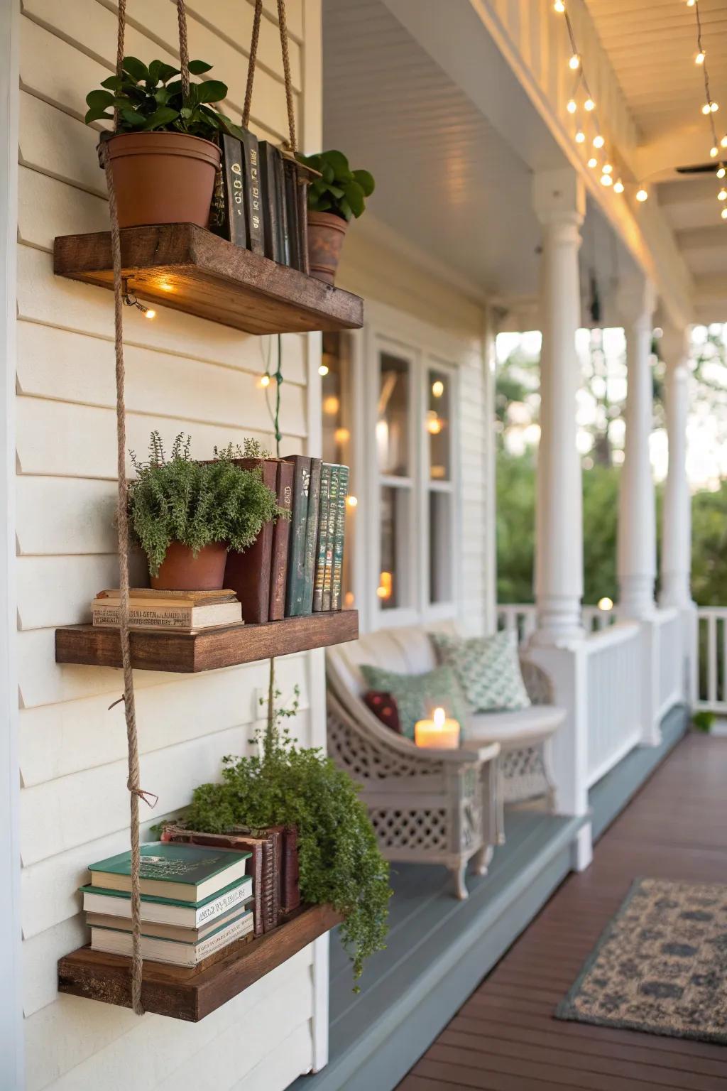 Floating shelves allow you to personalize your porch with books and decor.