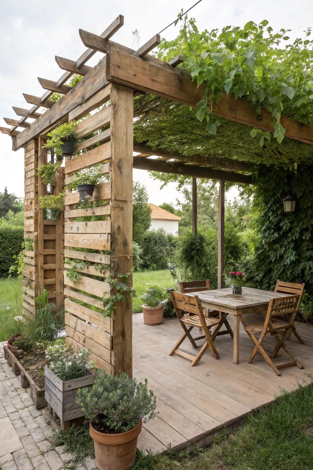Create a rustic pergola using repurposed pallets.