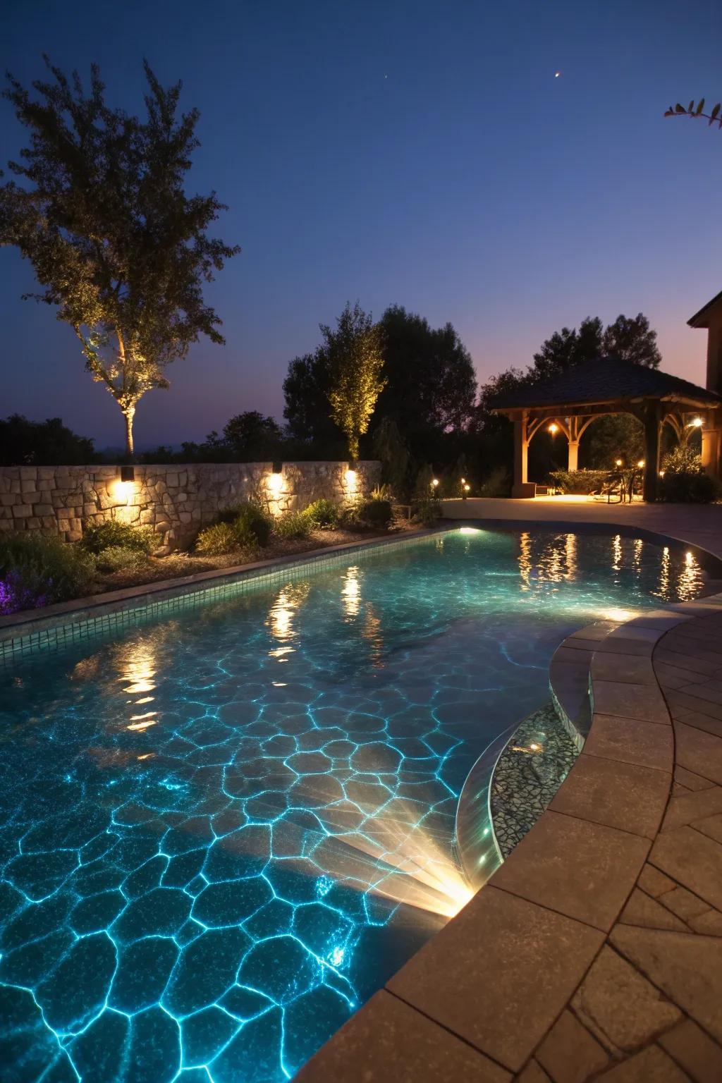 Strategic lighting turns your pool into a stunning evening attraction.