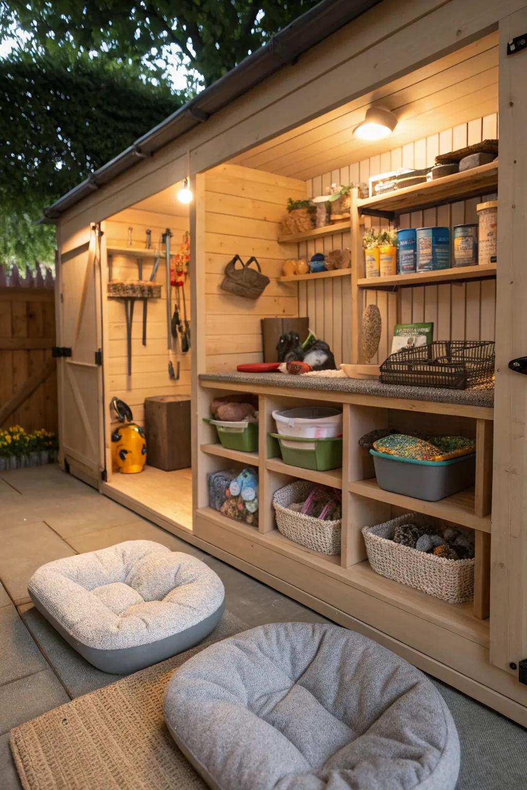 Create a cozy and inviting space for your pets inside your garden shed.
