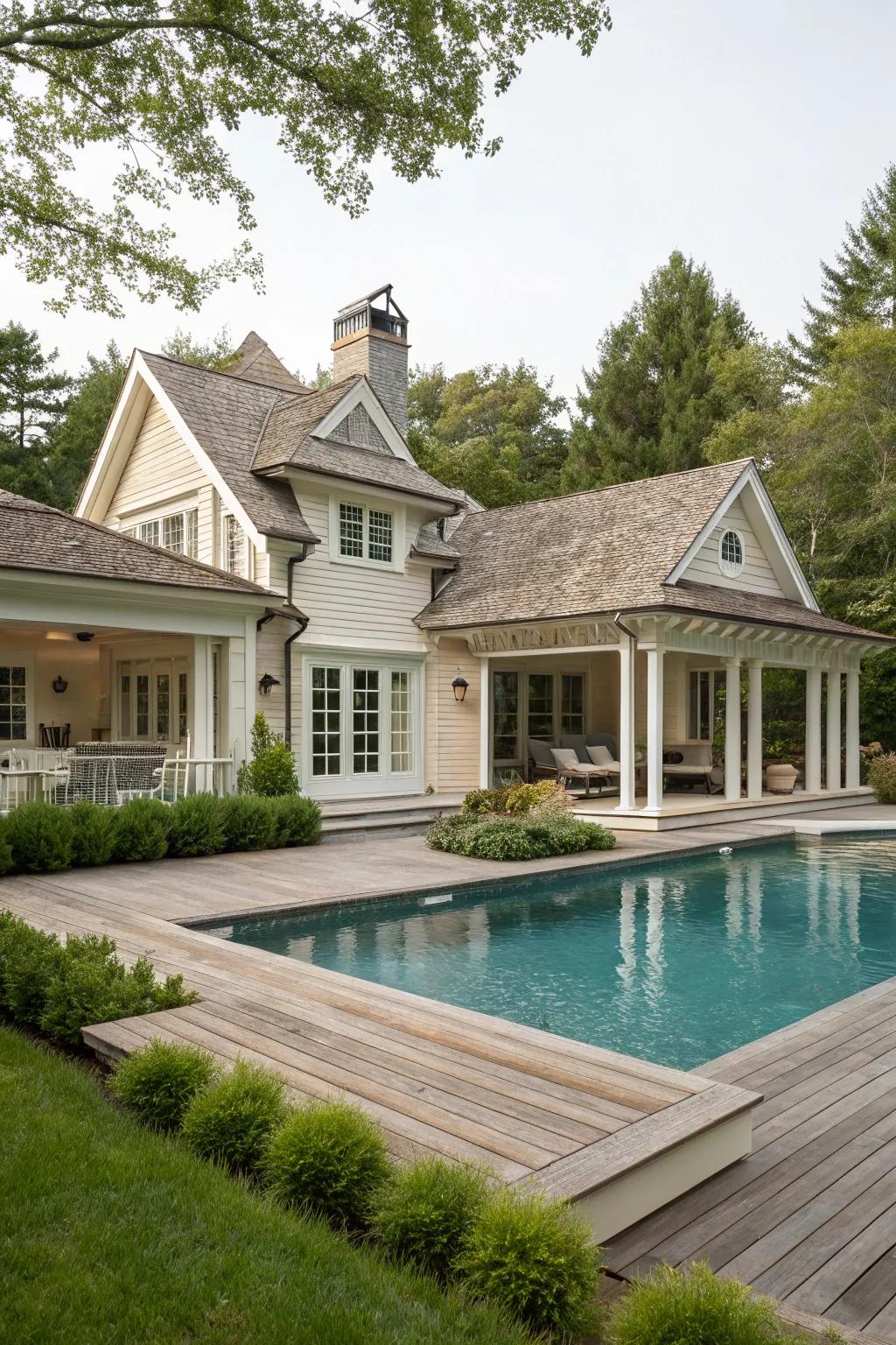 Cohesive design with matching exteriors for pool and main house.