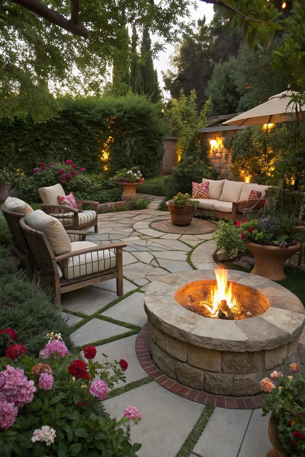 A fire pit creates a cozy gathering spot for cooler evenings.