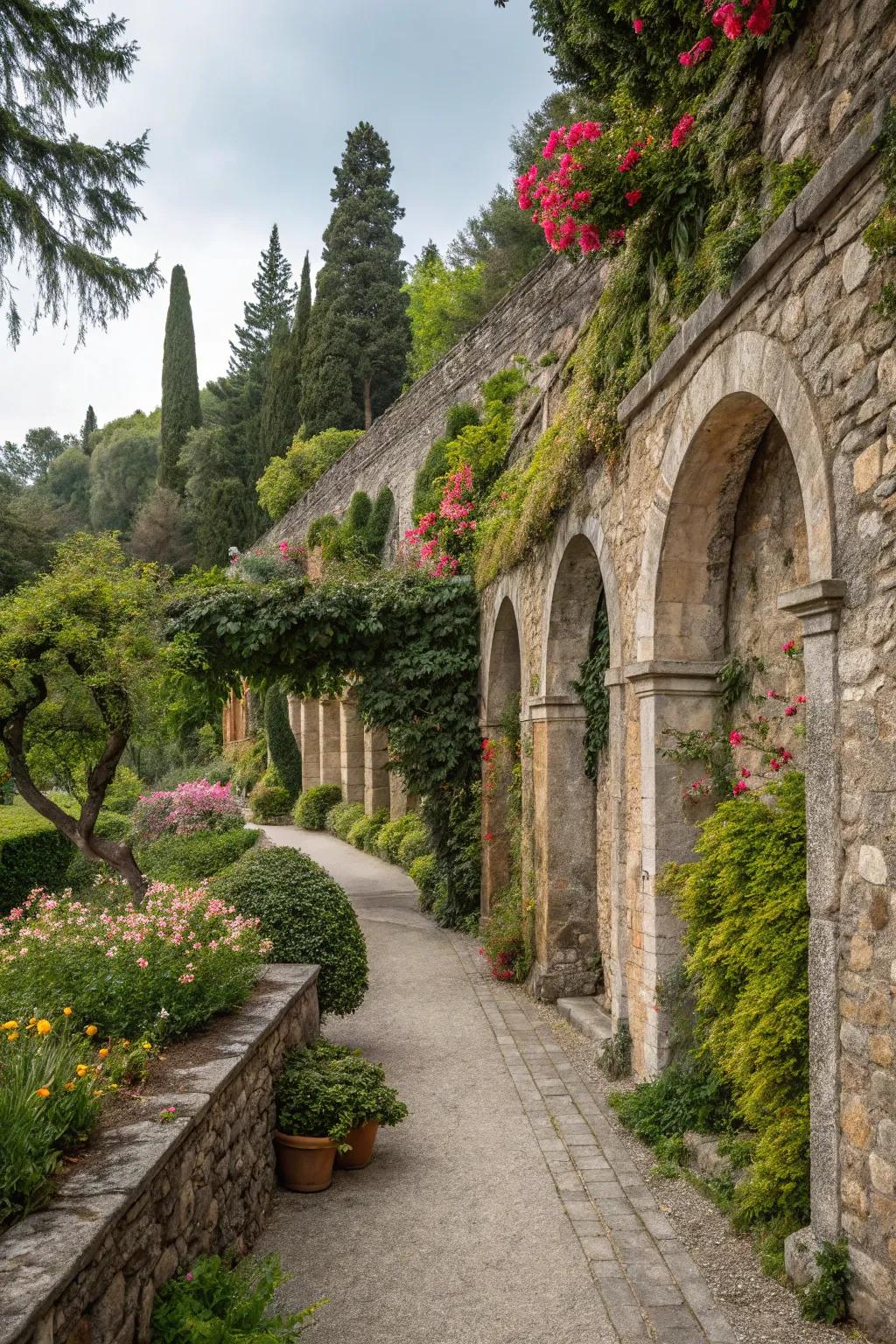 Stone walls and archways adding structure and charm.