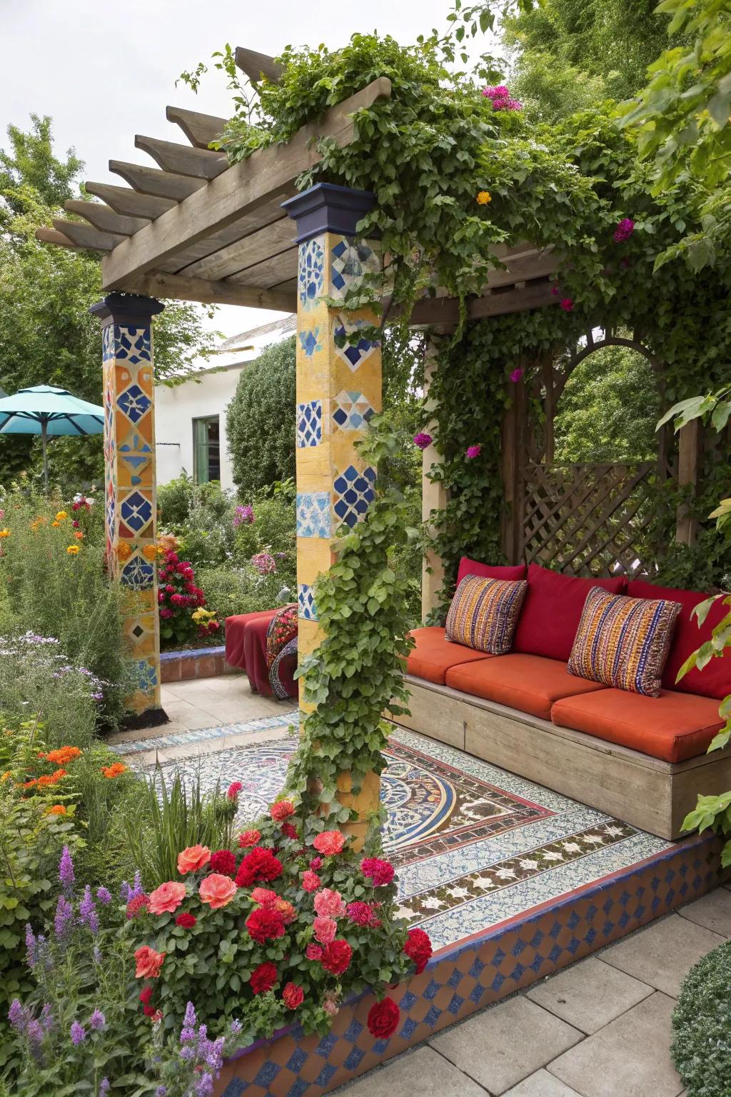 Unexpected color pops add personality and charm to this pergola.