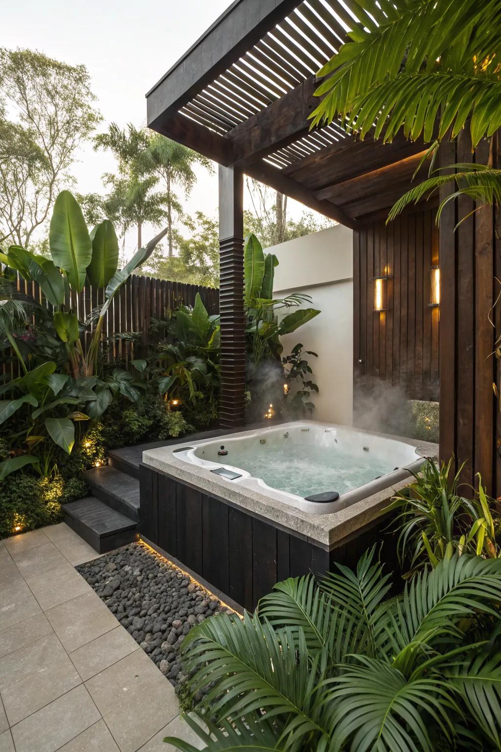 A tropical jacuzzi escape with lush plants and rich wood tones