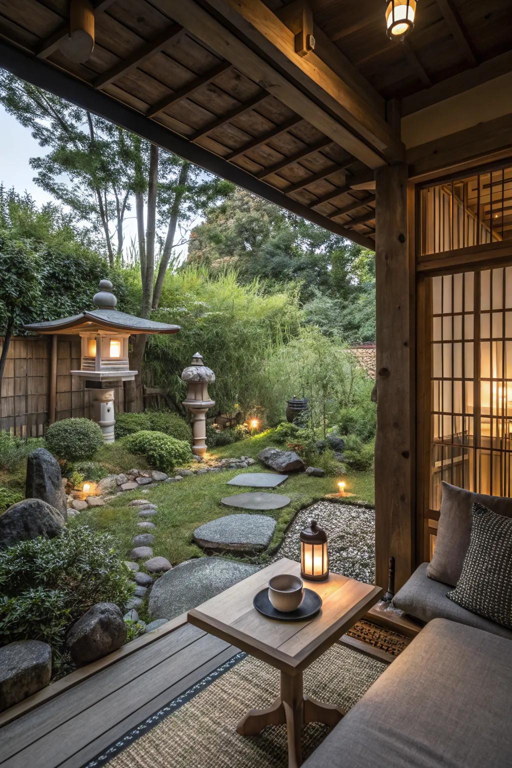 A serene seating area in a Japanese backyard perfect for relaxation.