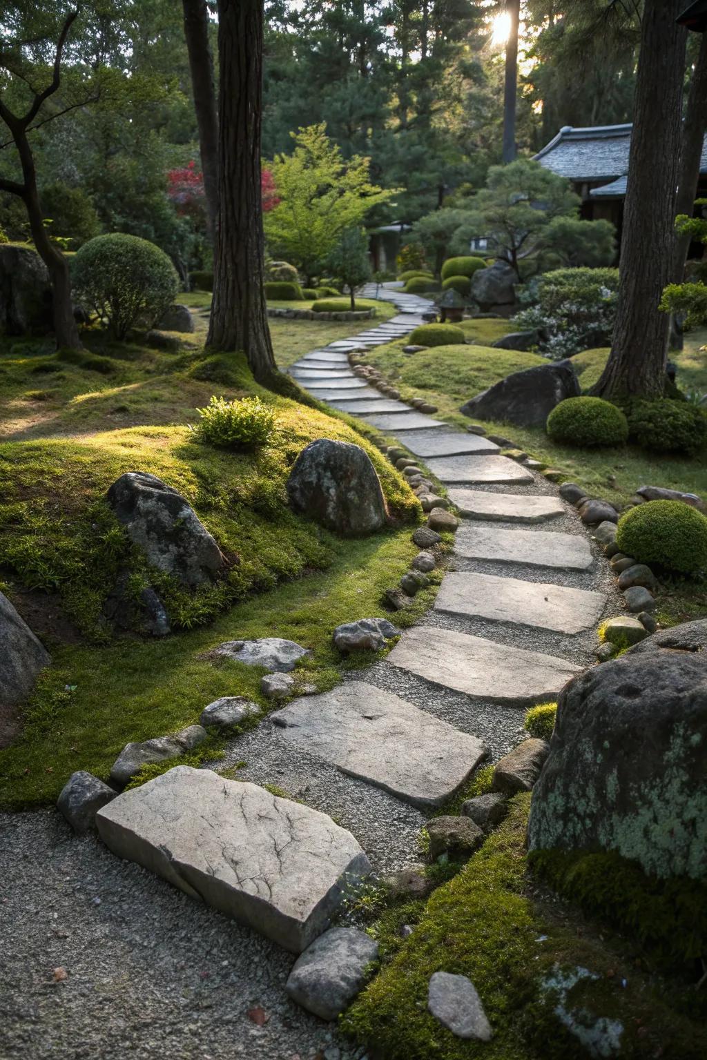 A Zen pathway invites a mindful stroll through the garden.