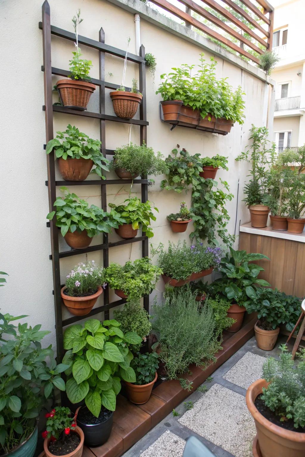 A vertical garden trellis maximizes growing space in small areas.