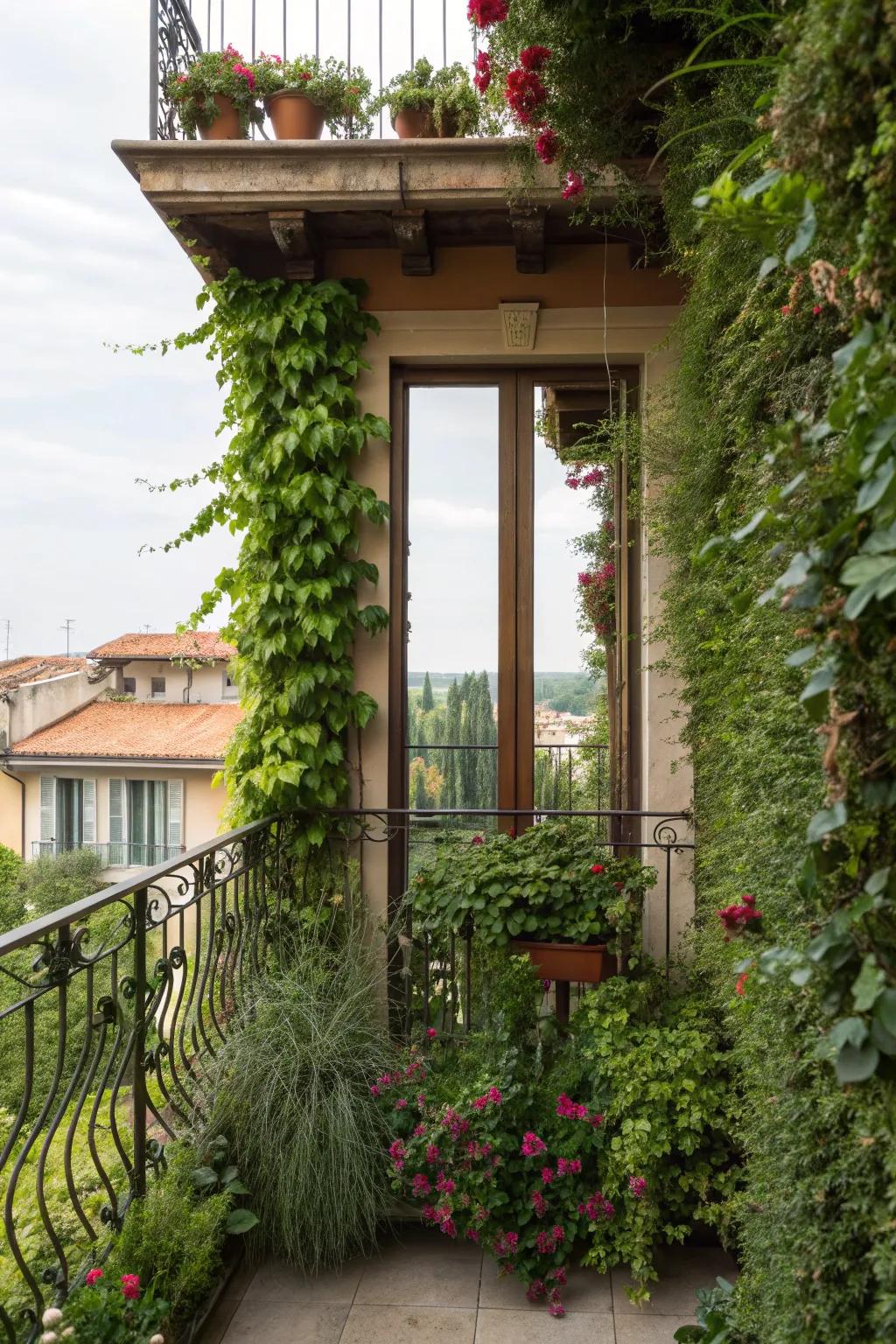 A Juliet balcony transformed into a lush vertical garden.