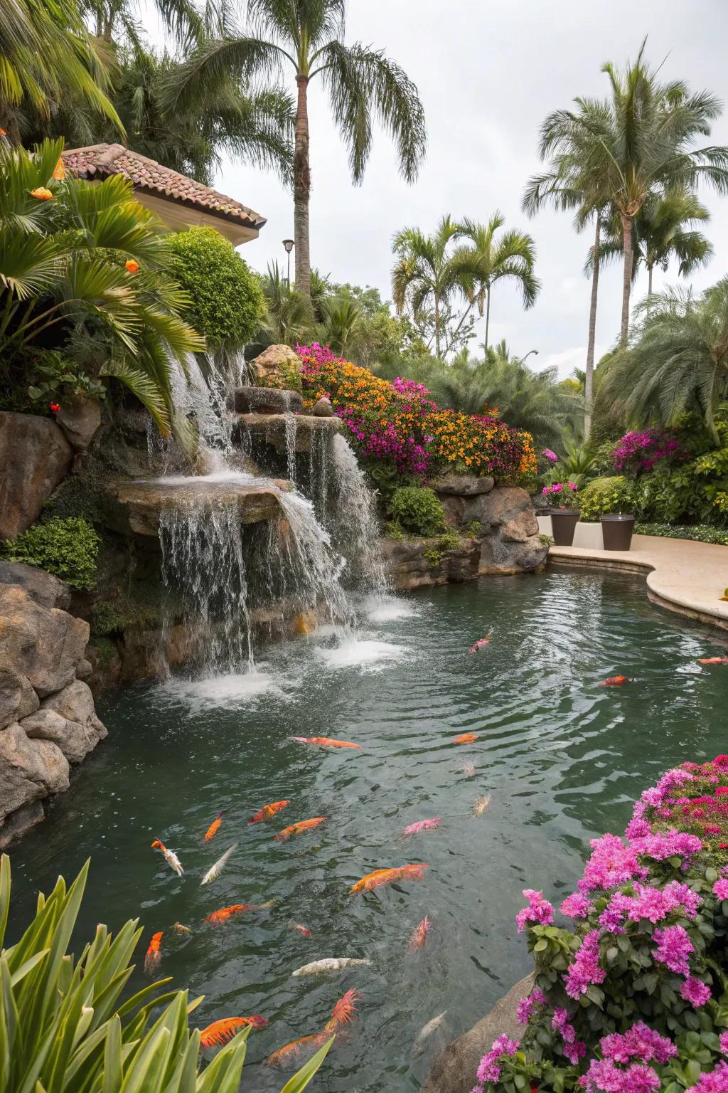 Create a tropical haven with a koi pond lush with greenery and blooms.
