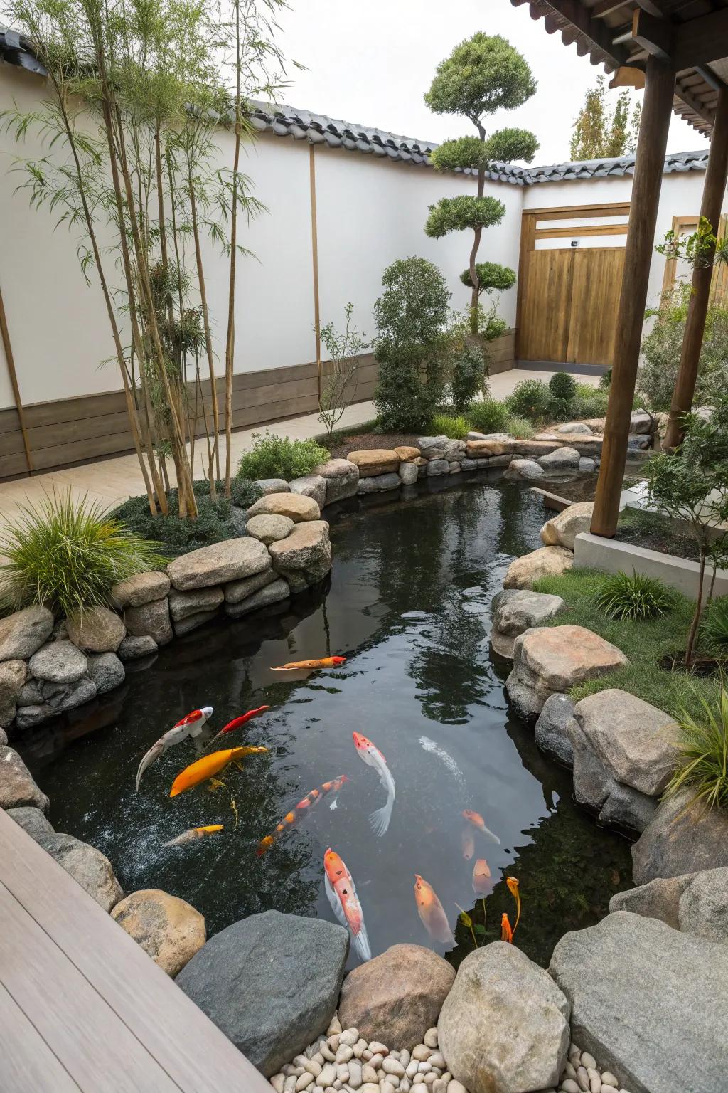 Zen garden influences bringing tranquility to a koi pond.