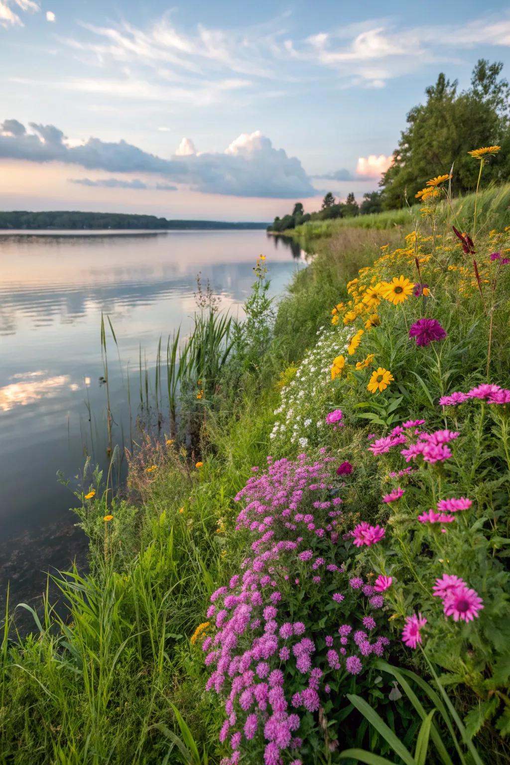 Shoreline flowers adding color and movement by the lake.