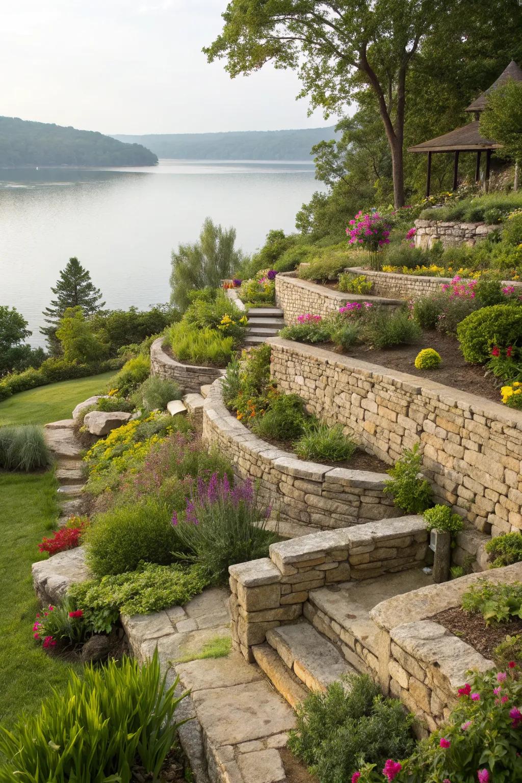 Terracing helps manage slopes and creates dynamic garden spaces.