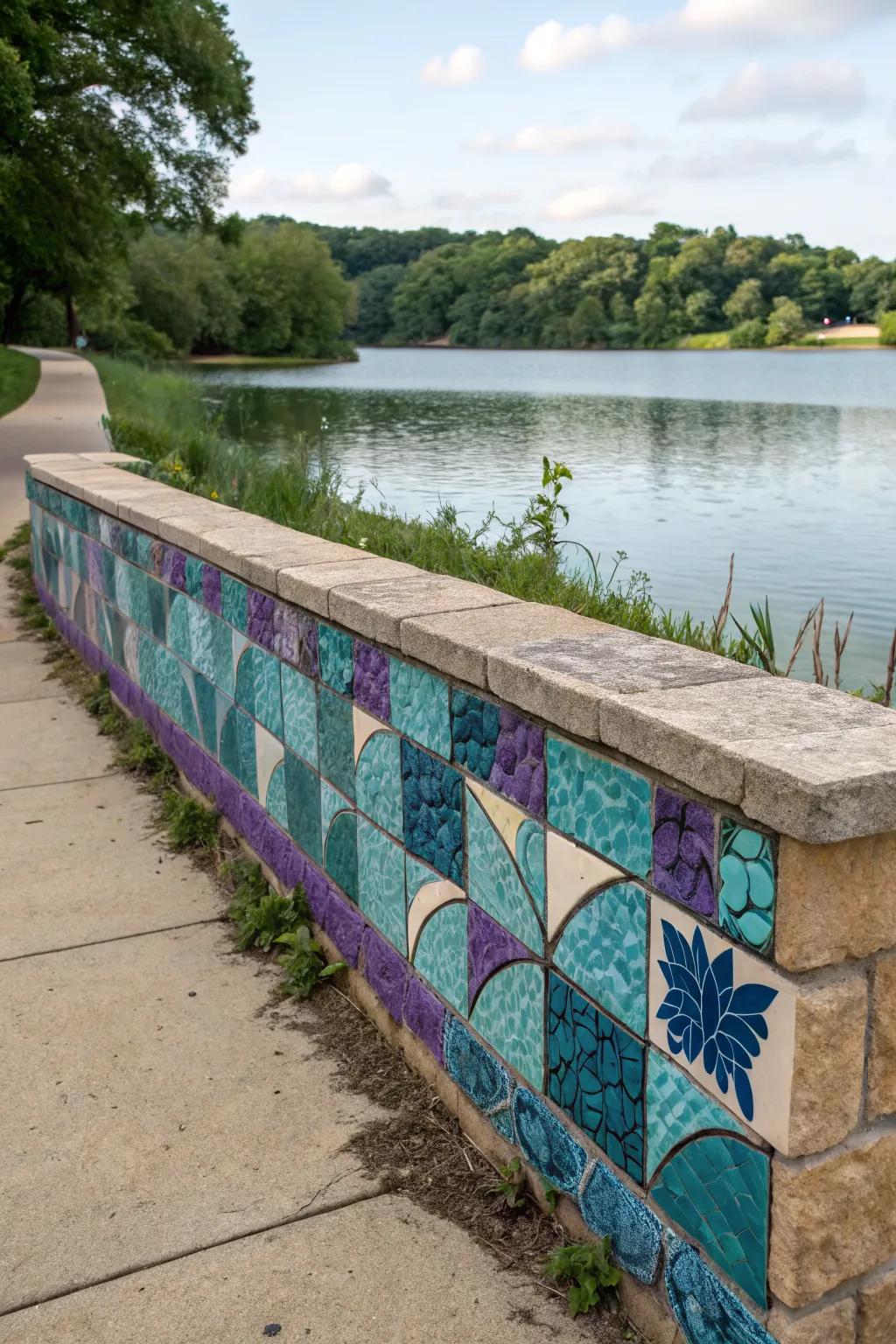 Artistic tiles add a pop of color and personality to this retaining wall.