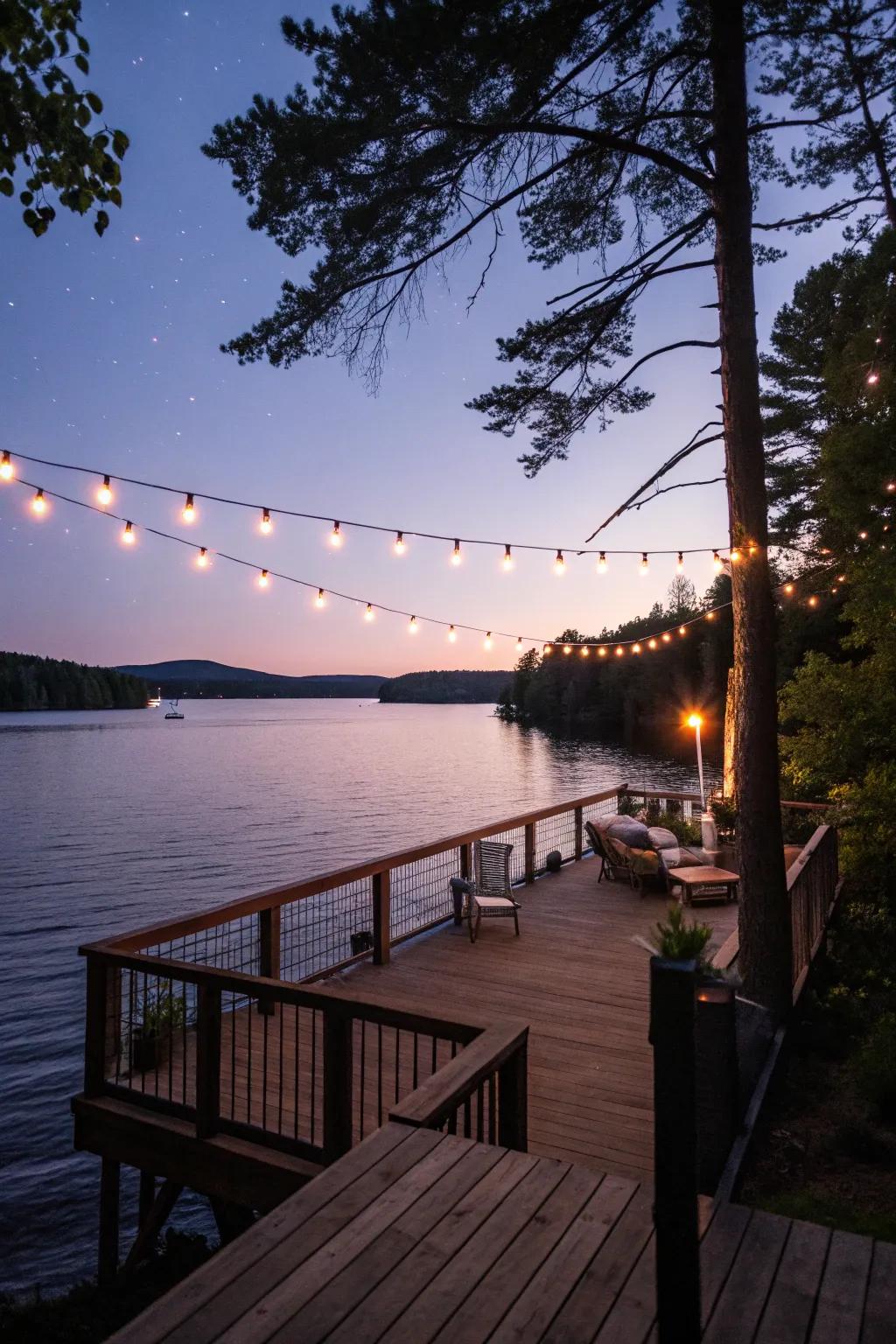 String lights create a magical ambiance on a lakefront deck.