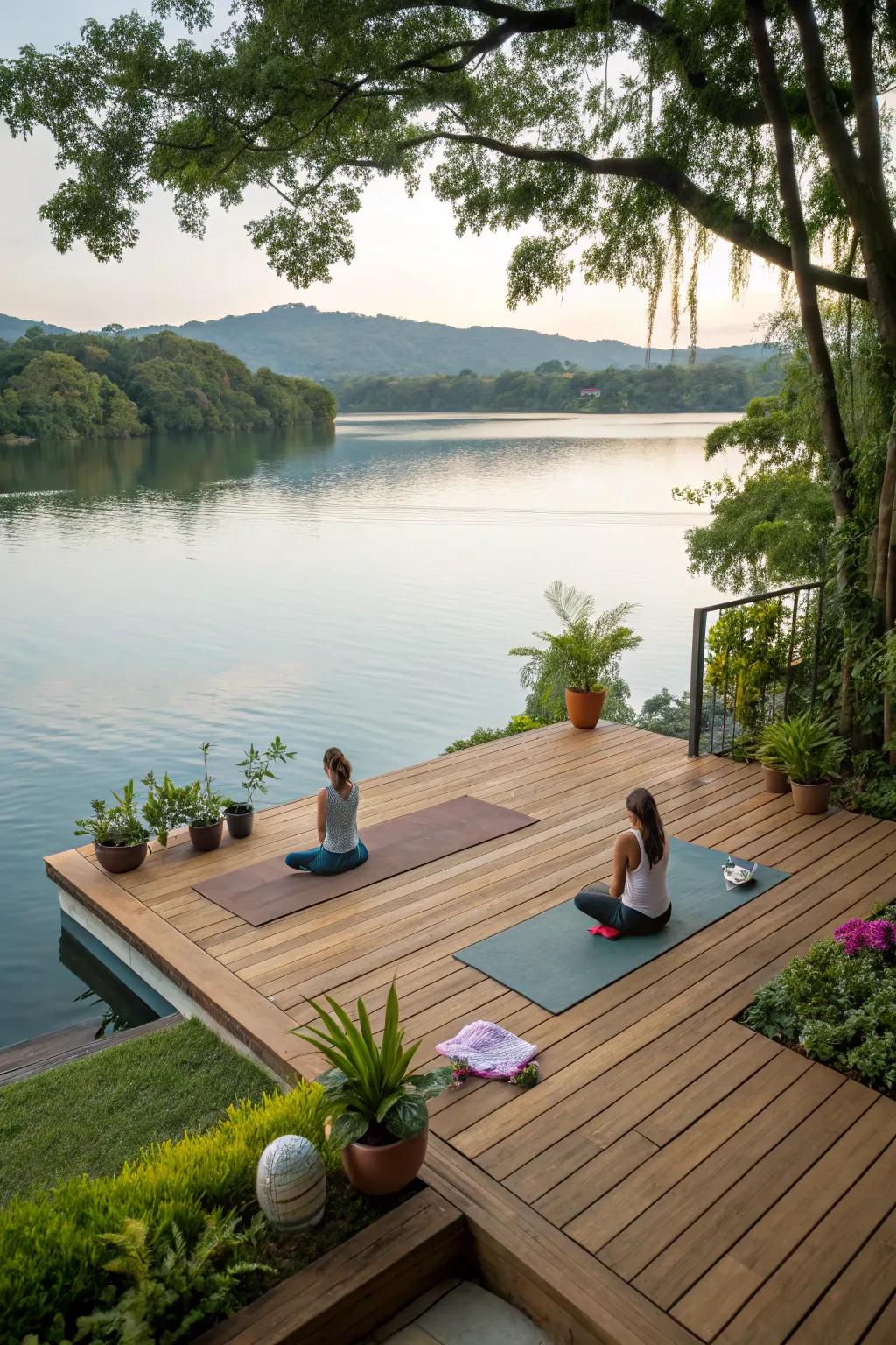 A dedicated yoga platform offering tranquility by the lakeside.