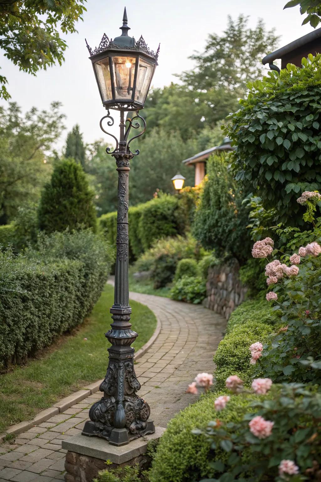 Vintage lantern-style lamp posts evoke a nostalgic charm.