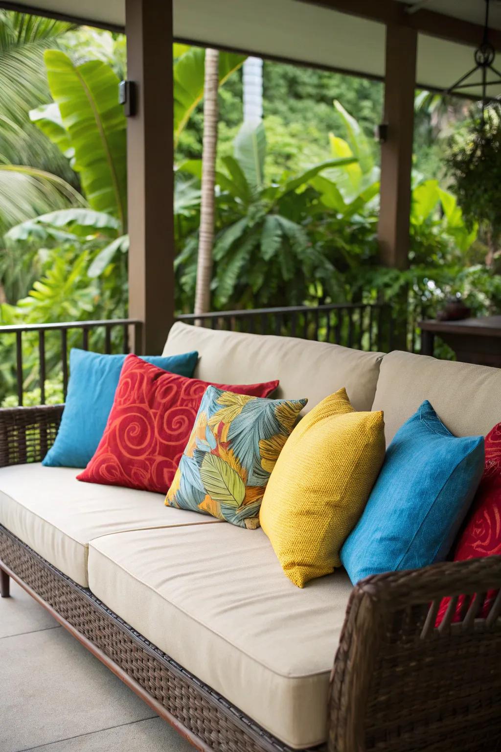 Throw pillows bring color and comfort to your lanai.