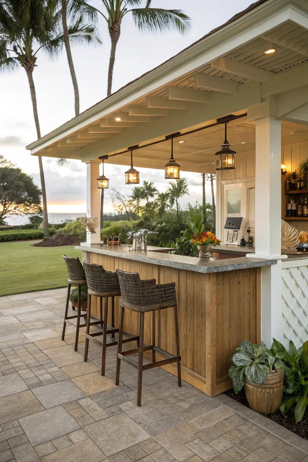 An outdoor bar on a lanai, ready for hosting and entertaining.