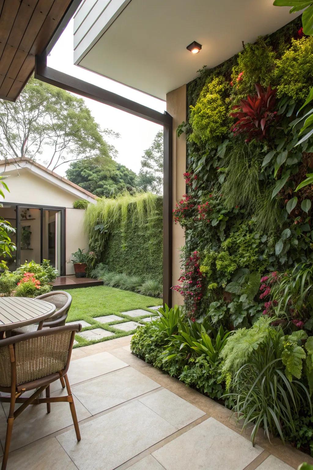Vertical gardens offer privacy and a splash of green.