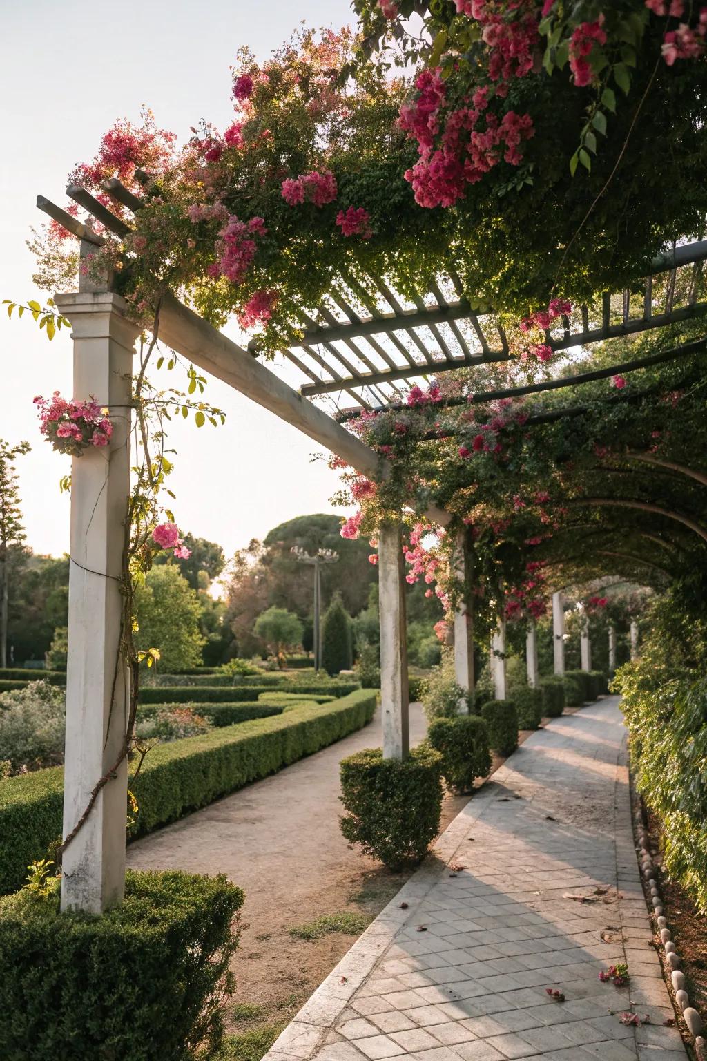 Vine-covered trellises offer vertical interest and lush privacy.