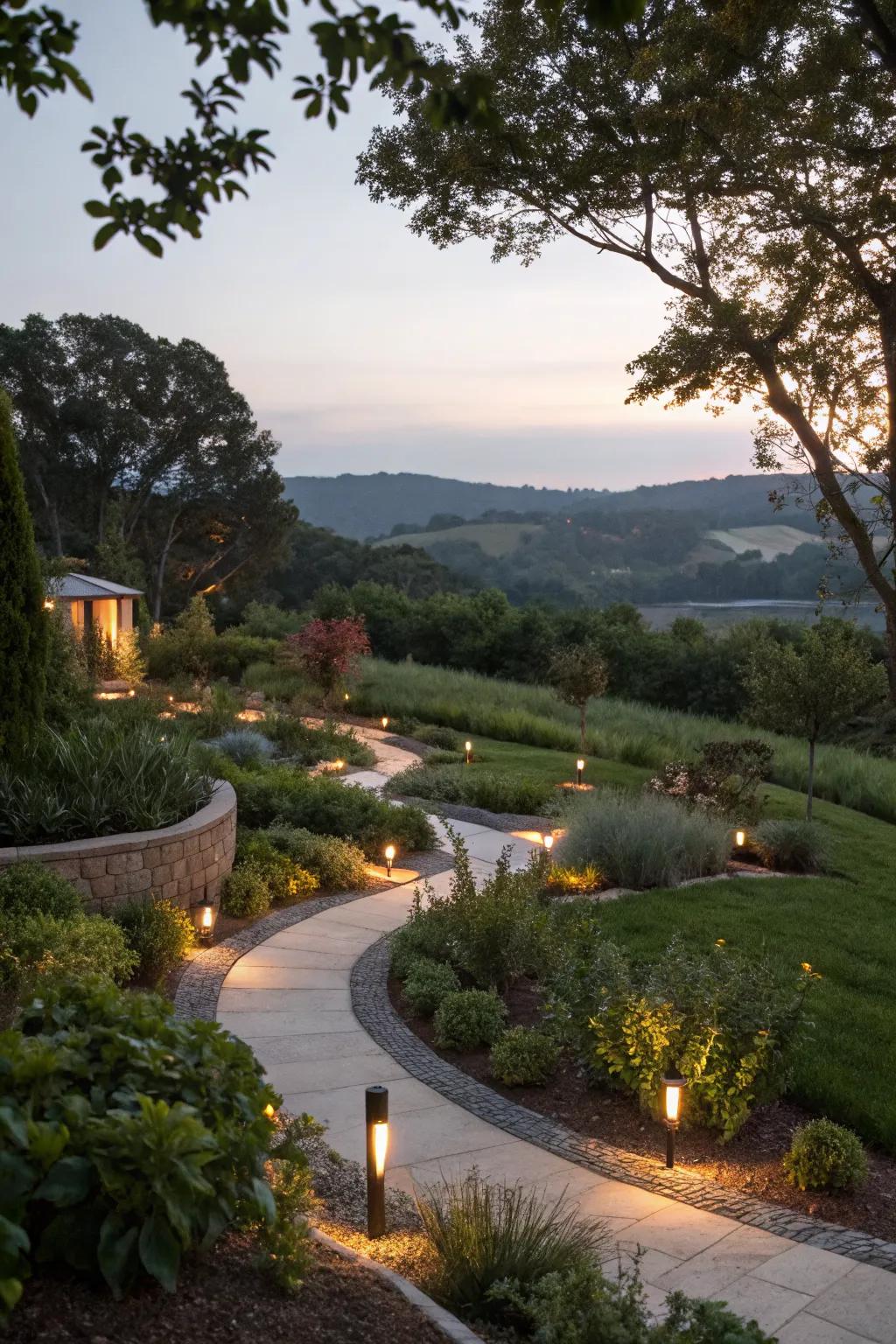 Subtle lighting that enhances the garden's evening ambiance.
