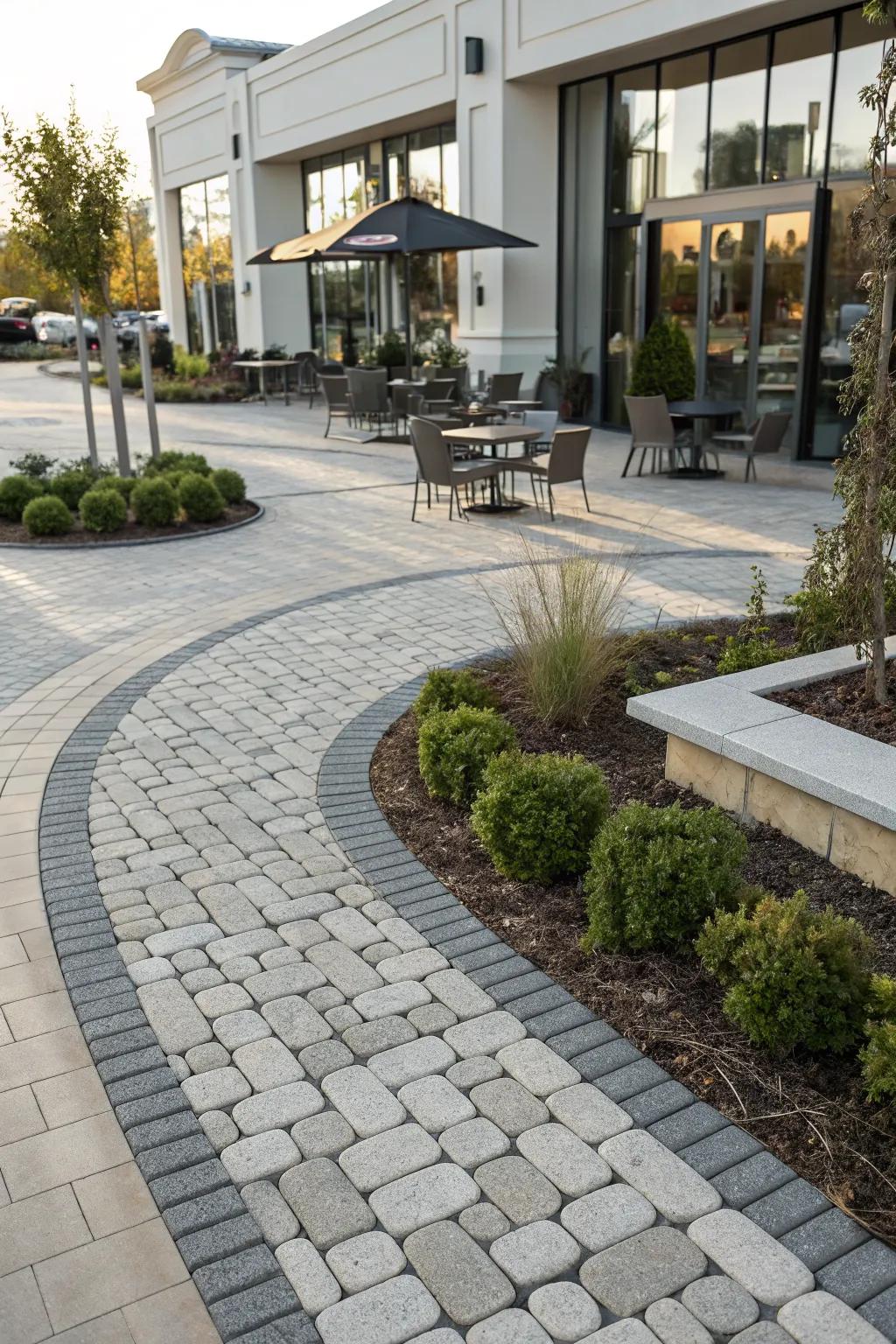 Permeable paving provides drainage and a modern aesthetic.