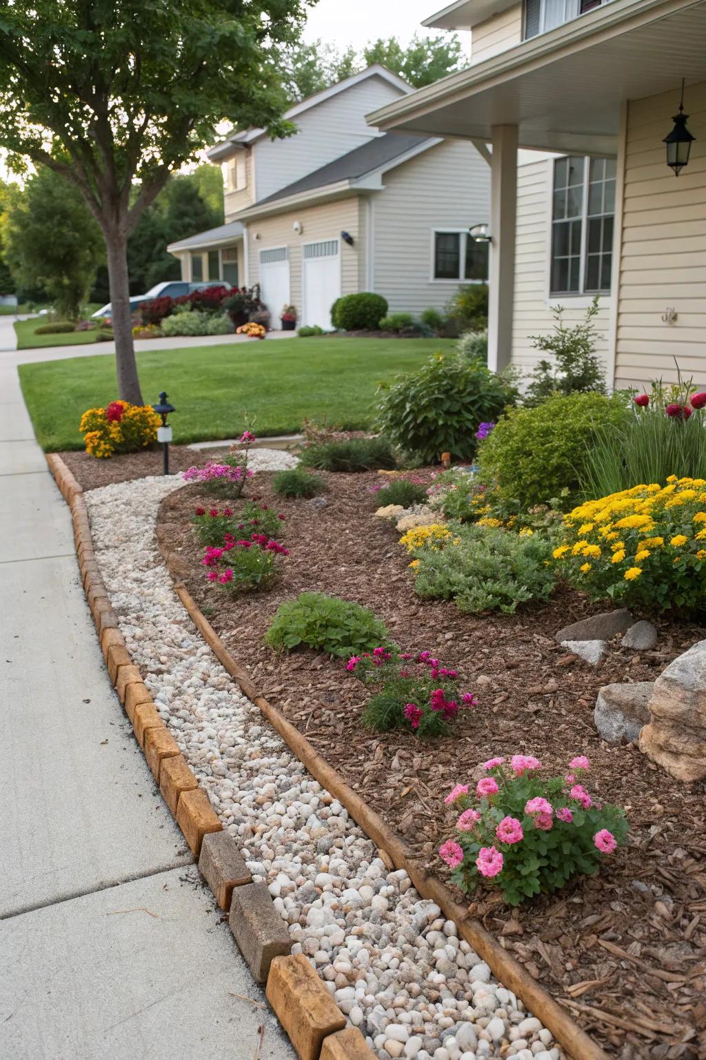 Mulch and gravel keep garden beds tidy and low-maintenance.