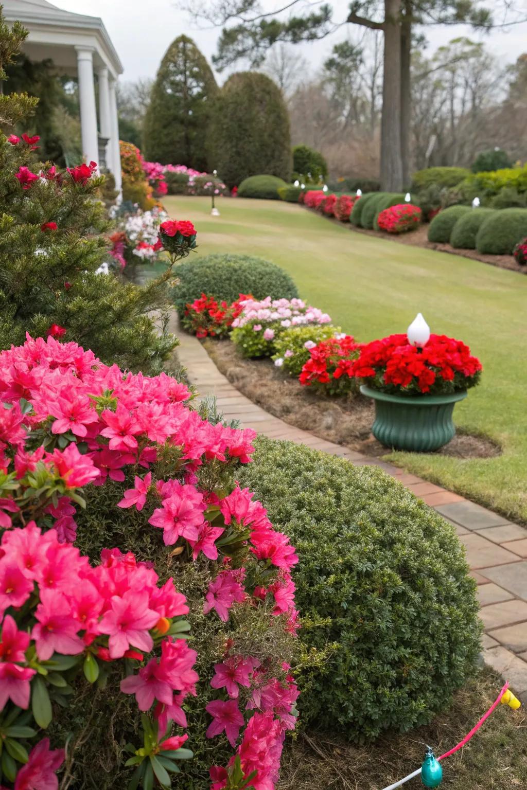 Holiday garden decor featuring vibrant Encore Azaleas.