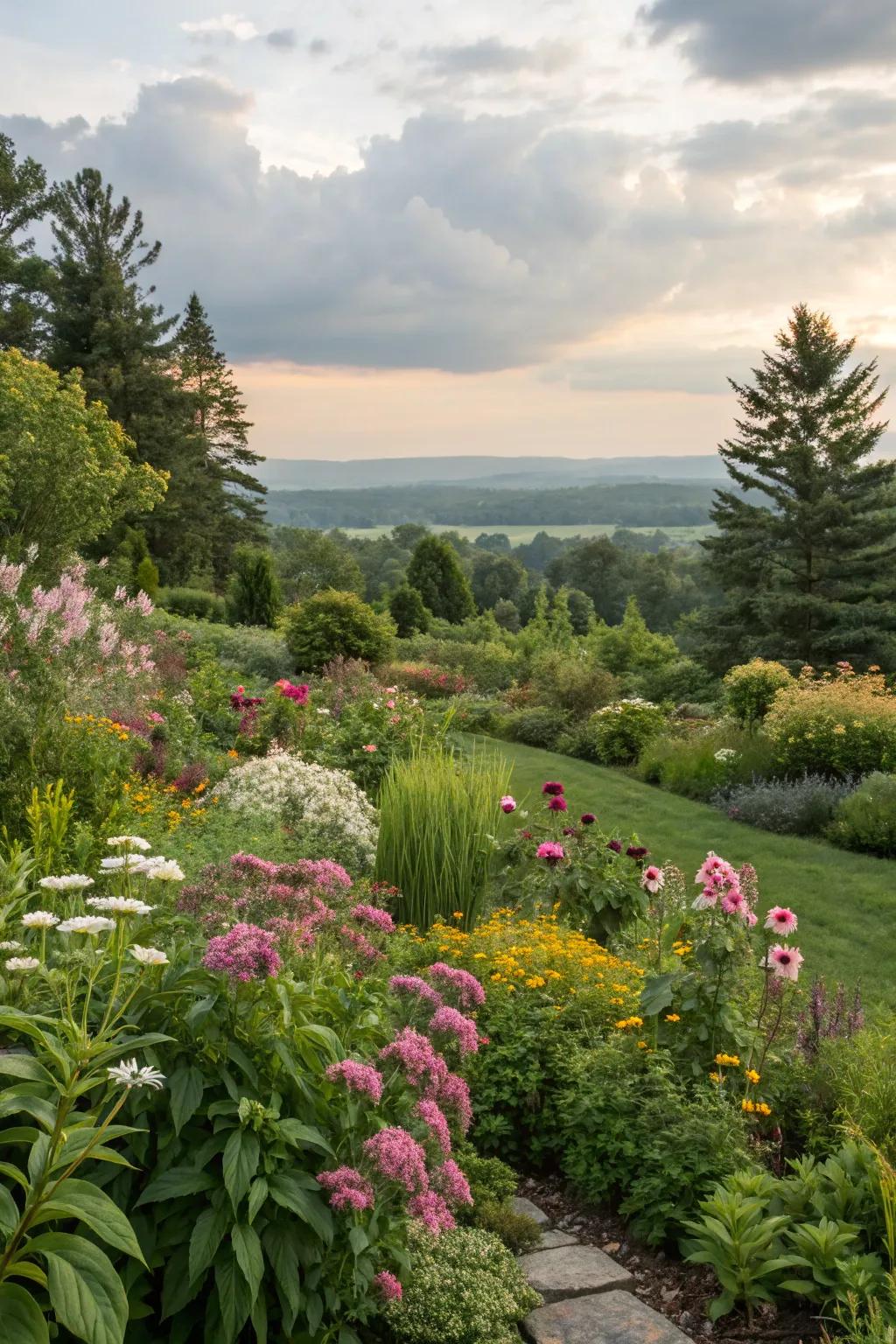 Perennials and evergreens offer lasting beauty and structure.