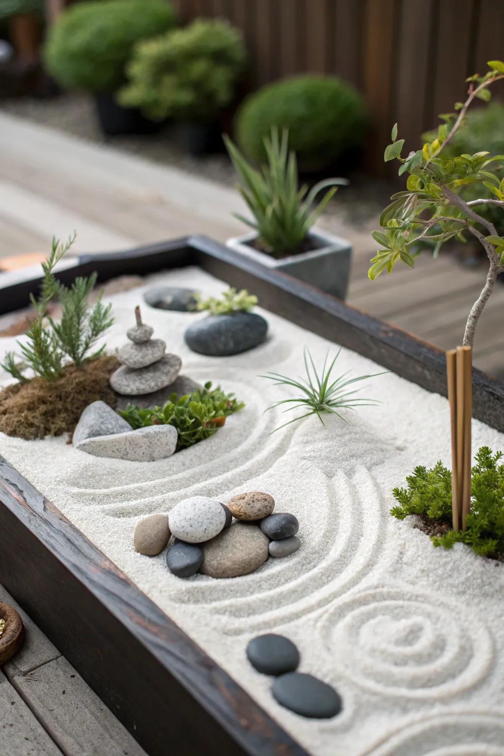 A mini Zen garden for a peaceful escape.
