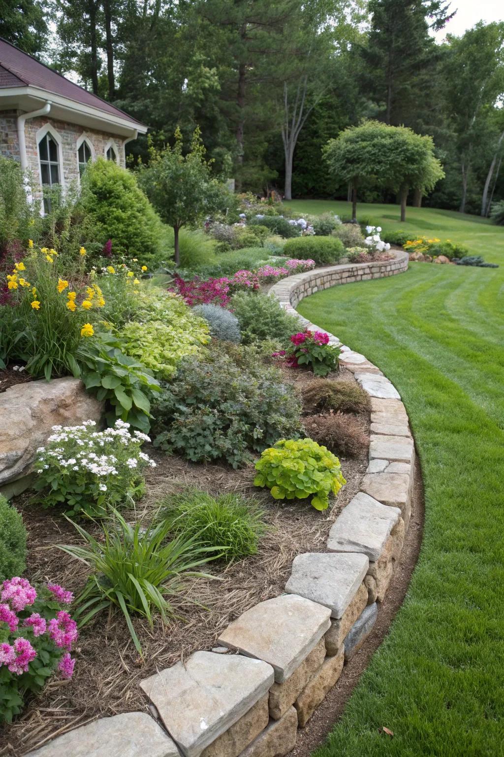 Comprehensive landscaping with stone edging ties everything together.