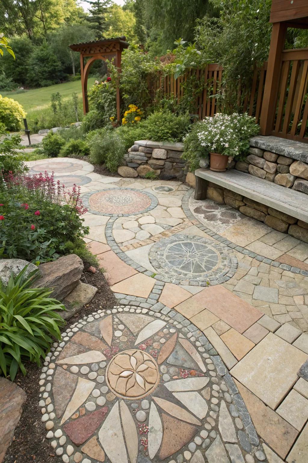 A unique mosaic stone patio adding personality to the garden.